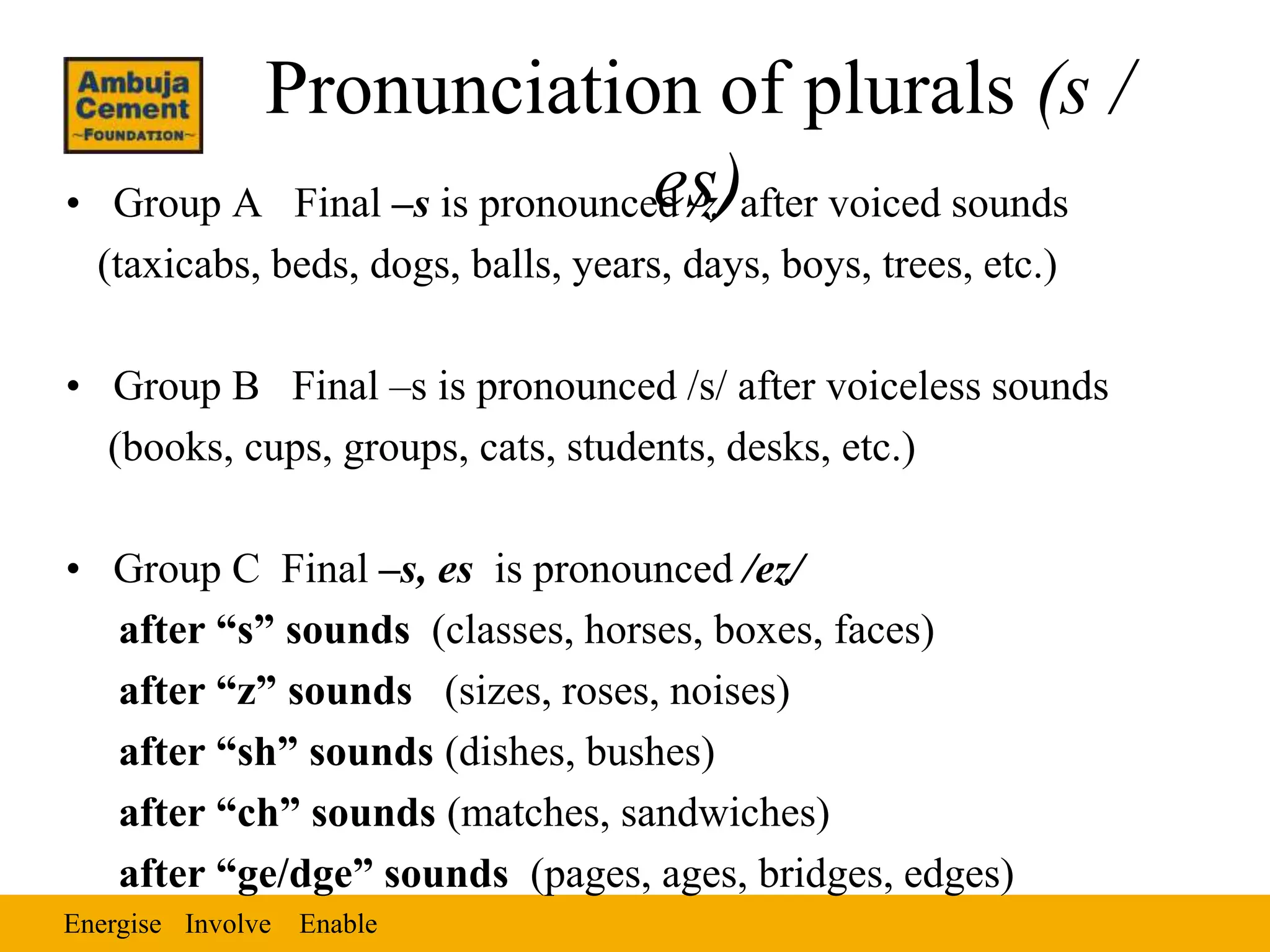 Energise EnableInvolve
Pronunciation of plurals (s /
es)• Group A Final –s is pronounced /z/ after voiced sounds
(taxicabs, beds, dogs, balls, years, days, boys, trees, etc.)
• Group B Final –s is pronounced /s/ after voiceless sounds
(books, cups, groups, cats, students, desks, etc.)
• Group C Final –s, es is pronounced /ez/
after “s” sounds (classes, horses, boxes, faces)
after “z” sounds (sizes, roses, noises)
after “sh” sounds (dishes, bushes)
after “ch” sounds (matches, sandwiches)
after “ge/dge” sounds (pages, ages, bridges, edges)
 