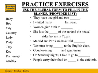 Energise EnableInvolve
PRACTICE EXERCISES
USE THE PLURAL FORM TO FILL IN THE
BLANKS. (PROVIDED LIST)
Baby
Boy
City
Country
Lady
Party
Tray
Key
Dictionary
cowboy
• They have one girl and two ______.
• I visited many _______ last year.
• Women give birth to _______.
• She lost the _____ of the car and the house!
• _____ rides horses in Texas.
• Madrid and Paris are beautiful _______.
• We must bring ______ to the English class.
• Good evening _____ and gentleman.
• On Saturday nights, I like to go to _______.
• People carry their food on _____ at the cafeteria.
 