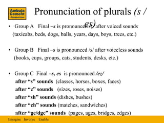 Pronunciation of plurals (s /
•                                 es)
     Group A Final –s is pronounced /z/ after voiced s...