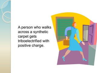 A person who walks
across a synthetic
carpet gets
triboelectrified with
positive charge.
 