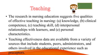 • The research in nursing education suggests five qualities
of effective teaching in nursing: (a) knowledge, (b) clinical
competence, (c) teaching skill, (d) interpersonal
relationships with learners, and (e) personal
characteristics.
• Teaching effectiveness data are available from a variety of
sources that include students, peers, administrators, and
others involved in the educational experience such as
preceptors.
 