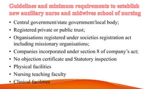 • Central government/state government/local body;
• Registered private or public trust;
• Organisations registered under societies registration act
including missionary organisations;
• Companies incorporated under section 8 of company’s act;
• No objection certificate and Statutory inspection
• Physical facilities
• Nursing teaching faculty
• Clinical facilities
 