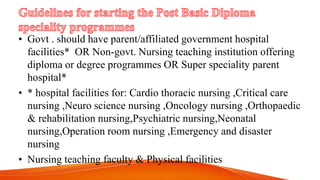 • Govt . should have parent/affiliated government hospital
facilities* OR Non-govt. Nursing teaching institution offering
diploma or degree programmes OR Super speciality parent
hospital*
• * hospital facilities for: Cardio thoracic nursing ,Critical care
nursing ,Neuro science nursing ,Oncology nursing ,Orthopaedic
& rehabilitation nursing,Psychiatric nursing,Neonatal
nursing,Operation room nursing ,Emergency and disaster
nursing
• Nursing teaching faculty & Physical facilities
 