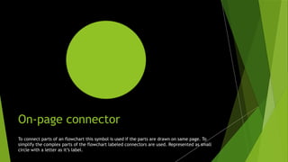 On-page connector
Click icon to add picture
To connect parts of an flowchart this symbol is used if the parts are drawn on same page. To
simplify the complex parts of the flowchart labeled connectors are used. Represented as small
circle with a letter as it’s label.
 