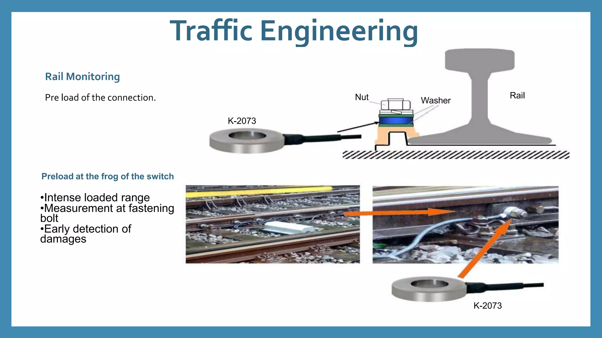 Traffic Engineering
Rail Monitoring
Pre load of the connection.
K-2073
Nut Washer
Rail
Preload at the frog of the switch
•Intense loaded range
•Measurement at fastening
bolt
•Early detection of
damages
K-2073
 