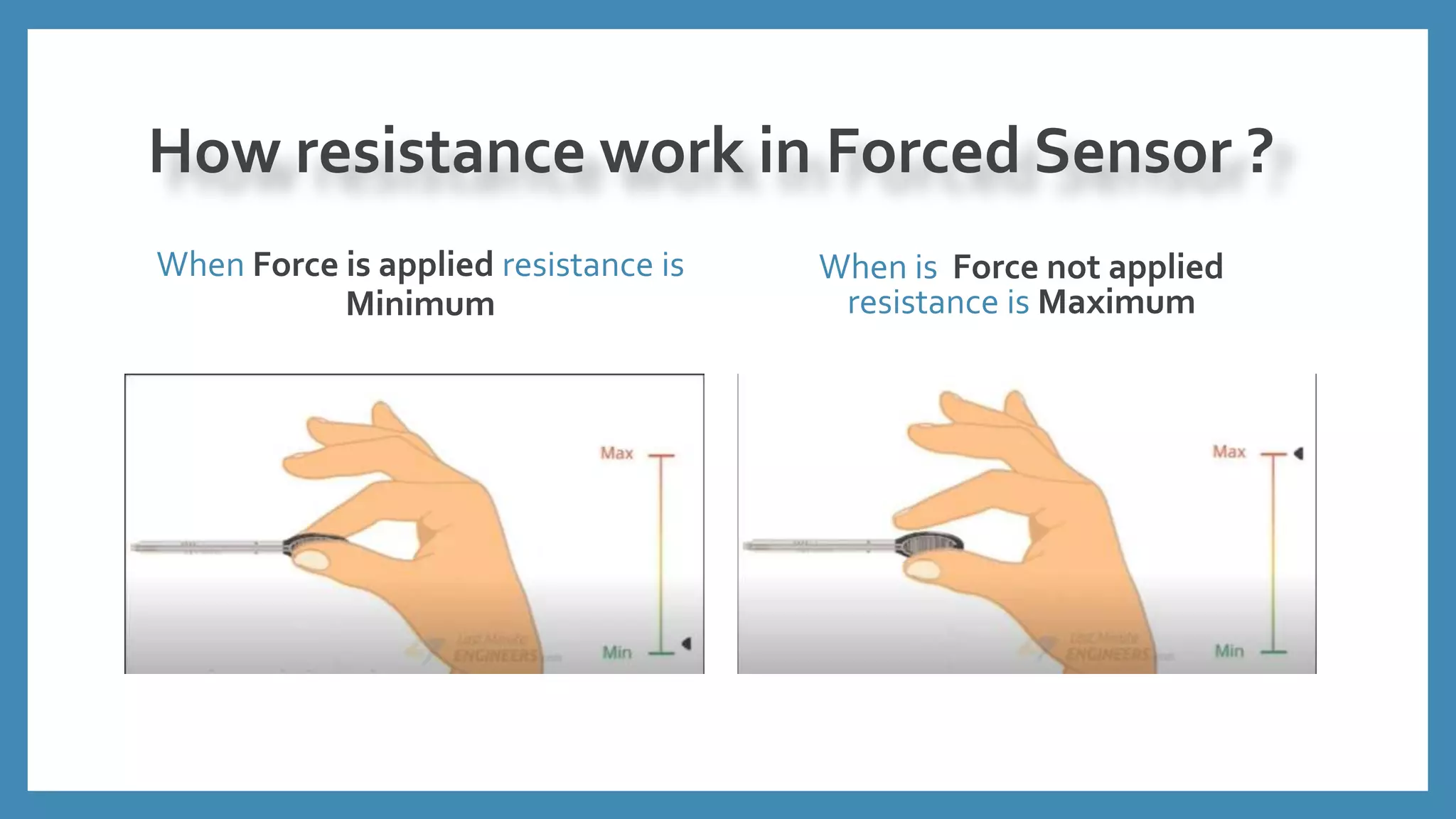 How resistance work in Forced Sensor ?
When Force is applied resistance is
Minimum
When is Force not applied
resistance is Maximum
 