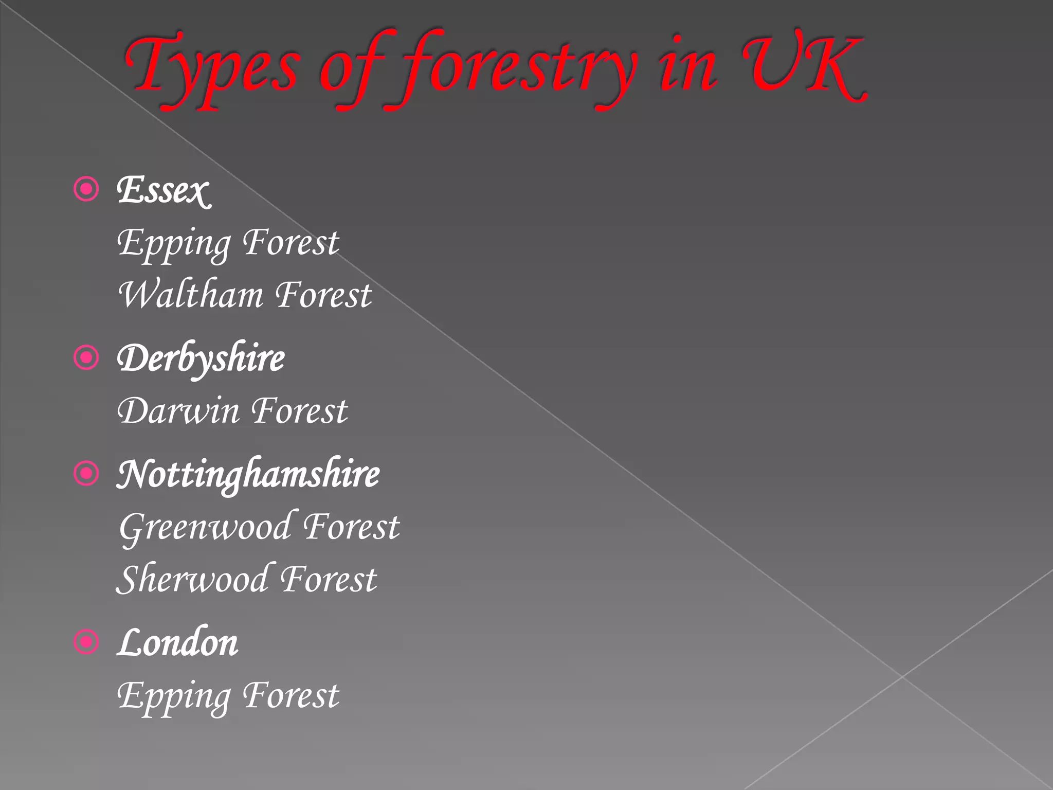  Essex
Epping Forest
Waltham Forest
 Derbyshire
Darwin Forest
 Nottinghamshire
Greenwood Forest
Sherwood Forest
 London
Epping Forest
 
