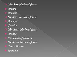  Northern National forest
 Amapa
 Amazon
 Southern National forest
 Acungui
 Cacador
 Northeast National forest
 Araripe
 Contendas of Sincora
 Southeast National forest
 Capao Bonito
 Ipanema
 
