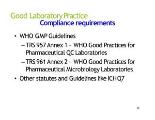Good LaboratoryPractice
Compliance requirements
• WHO GMP Guidelines
–TRS 957Annex 1 – WHO Good Practices for
Pharmaceutical QC Laboratories
–TRS 961Annex 2 – WHO Good Practices for
Pharmaceutical Microbiology Laboratories
• Other statutes and Guidelines like ICHQ7
12
 