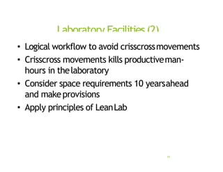 Laboratory Facilities(2)
19
• Logical workflow to avoid crisscrossmovements
• Crisscross movements kills productiveman‐
hours in thelaboratory
• Consider space requirements 10 yearsahead
and makeprovisions
• Apply principles of LeanLab
 
