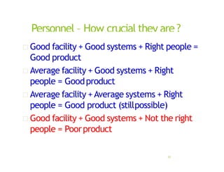 Personnel – How crucial they are ?
23
 Good facility + Good systems + Right people =
Good product
 Average facility + Good systems + Right
people = Goodproduct
 Average facility +Average systems + Right
people = Good product (stillpossible)
 Good facility + Good systems + Not the right
people = Poorproduct
 