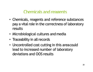 Chemicals andreagents
• Chemicals, reagents and reference substances
pay a vital role in the correctness of laboratory
results
• Microbiological cultures andmedia
• Traceability in allrecords
• Uncontrolled cost cutting in this areacould
lead to increased number of laboratory
deviations and OOS results
28
 