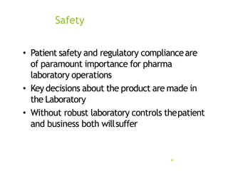• Patient safety and regulatory complianceare
of paramount importance for pharma
laboratory operations
• Key decisions about the product are made in
the Laboratory
• Without robust laboratory controls thepatient
and business both willsuffer
Safety
45
 