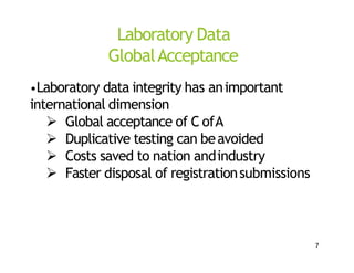 7
Laboratory Data
GlobalAcceptance
•Laboratory data integrity has animportant
international dimension
 Global acceptance of C ofA
 Duplicative testing can beavoided
 Costs saved to nation andindustry
 Faster disposal of registrationsubmissions
 