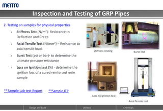 Inspection and Testing of GRP Pipes
Design and Build Utilities Chemicals
2. Testing on samples for physical properties
 Stiffness Test (N/m2)- Resistance to
Deflection and Creep
 Axial Tensile Test (N/mm2) – Resistance to
axial tensile load.
 Burst Test (psi or bar)- to determine the
ultimate pressure resistance
 Loss on Ignition test (%) - determine the
ignition loss of a cured reinforced resin
sample
Stiffness Testing
Axial Tensile test
**Sample Lab test Report **Sample ITP
Burst Test
Loss on ignition test
 