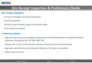 Site Receipt Inspection & Preliminary Checks
Design and Build Chemicals
Utilities
Site receipt Inspections
 Ensure no damages occurred during transit
 Check the quantity
 Verify the spool numbers against the Delivery Note.
 Verify inspection reports.
Preliminary Checks
 Approved documents are available (Piping and trench backfilling Material submittal, Method
Statement, Drawings & RA, EA, PQP, HSEP, ITP)
 Piping route is clear of obstructions, existing services (if any) are well protected.
 Approved subcontractor and competent Engineers, HSE team are available
 Obtain permit to work
 