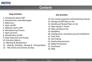 Content
Design and Build Utilities Chemicals
1. Introduction about GRP
2. Characteristics and Advantages
3. References
4. Types of GRP
5. Material used in GRP
6. Manufacturing Process
7. Types of Joints
8. Classification of GRP
9. Shop Inspection and Testing
10. Common Defects
11. Marking & Identification
12. Packing, Handling , Storage & Transportation
13. HSE checks and controls at shop
14. Site receipt inspection and Preliminary Checks
15. Storage of GRP Pipes at site
16. Handling of Nested Pipes at site
17. Pipes laying in Trench
18. Pipes Jointing at site
19. Backfilling
20. Underground and above ground installations
21. Field Tests
22. Gel Coating
23. Quality Requirements
24. Safety Precautions
25. Conclusion
26. Q&A
Shop Activities Site Activities
 