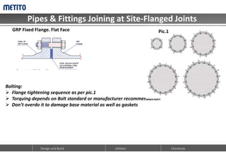 Pipes & Fittings Joining at Site-Flanged Joints
Design and Build Chemicals
Utilities
GRP Fixed Flange. Flat Face
Bolting:
 Flange tightening sequence as per pic.1
 Torquing depends on Bolt standard or manufacturer recommendation
 Don’t overdo it to damage base material as well as gaskets
Pic.1
 
