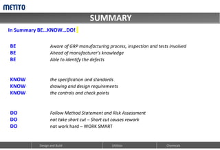 SUMMARY
Design and Build Utilities Chemicals
BE Aware of GRP manufacturing process, inspection and tests involved
BE Ahead of manufacturer’s knowledge
BE Able to identify the defects
KNOW the specification and standards
KNOW drawing and design requirements
KNOW the controls and check points
DO Follow Method Statement and Risk Assessment
DO not take short cut – Short cut causes rework
DO not work hard – WORK SMART
In Summary BE…KNOW…DO!
 