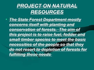 PROJECT ON NATURAL RESOURCES The State Forest Department mostly concerns itself with planting and conservation of forests.  The aim of this project is to raise fuel, fodder and small timber species to meet the basic necessities of the people so that they do not resort to depletion of forests for fulfilling these needs  