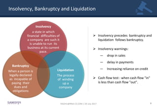 Insolvency, Bankruptcy and Liquidation
3
Insolvency
a state in which
financial difficulties of
a company are such it
is unable to run its
business at its current
pace.
Liquidation
The process
of winding
up a
company
Bankruptcy
When a person is
legally declared
as incapable of
paying their
dues and
obligations
 Insolvency precedes bankruptcy and
liquidation follows bankruptcy.
 Insolvency warnings:
— drop in sales
— delay in payments
— Increasing reliance on credit
 Cash flow test : when cash flow "in"
is less than cash flow "out".
RAGHU@RNA-CS.COM / 28 July 2017
 