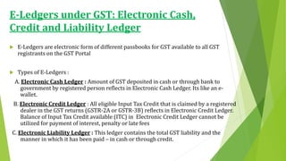 E-Ledgers under GST: Electronic Cash,
Credit and Liability Ledger
 E-Ledgers are electronic form of different passbooks for GST available to all GST
registrants on the GST Portal
 Types of E-Ledgers :
A. Electronic Cash Ledger : Amount of GST deposited in cash or through bank to
government by registered person reflects in Electronic Cash Ledger. Its like an e-
wallet.
B. Electronic Credit Ledger : All eligible Input Tax Credit that is claimed by a registered
dealer in the GST returns (GSTR-2A or GSTR-3B) reflects in Electronic Credit Ledger.
Balance of Input Tax Credit available (ITC) in Electronic Credit Ledger cannot be
utilized for payment of interest, penalty or late fees
C. Electronic Liability Ledger : This ledger contains the total GST liability and the
manner in which it has been paid – in cash or through credit.
 