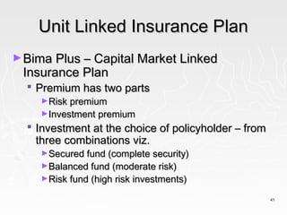 Unit Linked Insurance Plan
► Bima Plus – Capital Market Linked
 Insurance Plan
   Premium has two parts
    ►Risk premium
    ►Investment premium
   Investment at the choice of policyholder – from
    three combinations viz.
    ►Secured fund (complete security)
    ►Balanced fund (moderate risk)
    ►Risk fund (high risk investments)

                                                      41
 