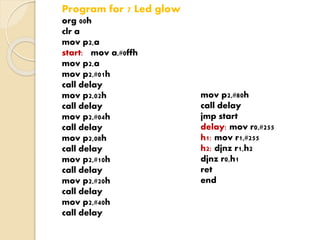 Program for 7 Led glow 
org 00h 
clr a 
mov p2,a 
start: mov a,#0ffh 
mov p2,a 
mov p2,#01h 
call delay 
mov p2,02h 
call delay 
mov p2,#04h 
call delay 
mov p2,08h 
call delay 
mov p2,#10h 
call delay 
mov p2,#20h 
call delay 
mov p2,#40h 
call delay 
mov p2,#80h 
call delay 
jmp start 
delay: mov r0,#255 
h1: mov r1,#255 
h2: djnz r1,h2 
djnz r0,h1 
ret 
end 
 