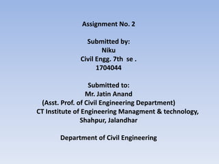 Assignment No. 2
Submitted by:
Niku
Civil Engg. 7th se .
1704044
Submitted to:
Mr. Jatin Anand
(Asst. Prof. of Civil Engineering Department)
CT Institute of Engineering Managment & technology,
Shahpur, Jalandhar
Department of Civil Engineering
 