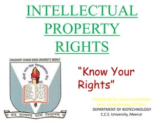 INTELLECTUAL
PROPERTY
RIGHTS
“Know Your
Rights”
PRESENTED BY: ASHU CHAUDHARY
M.Sc. Biotechnology 2nd Sem.
DEPARTMENT OF BIOTECHNOLOGY
C.C.S. University, Meerut
 