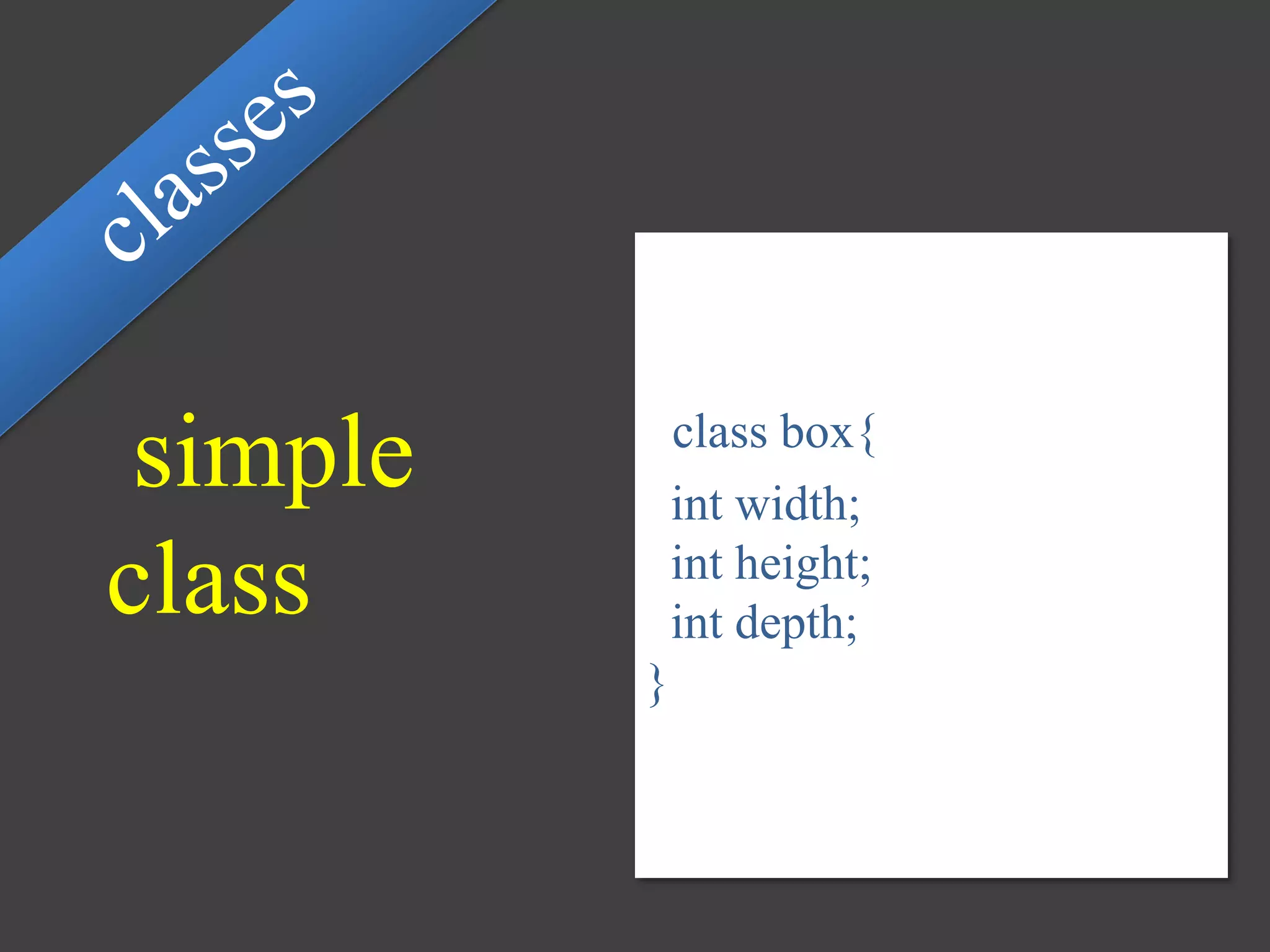 simple
class
class box{
int width;
int height;
int depth;
}
 