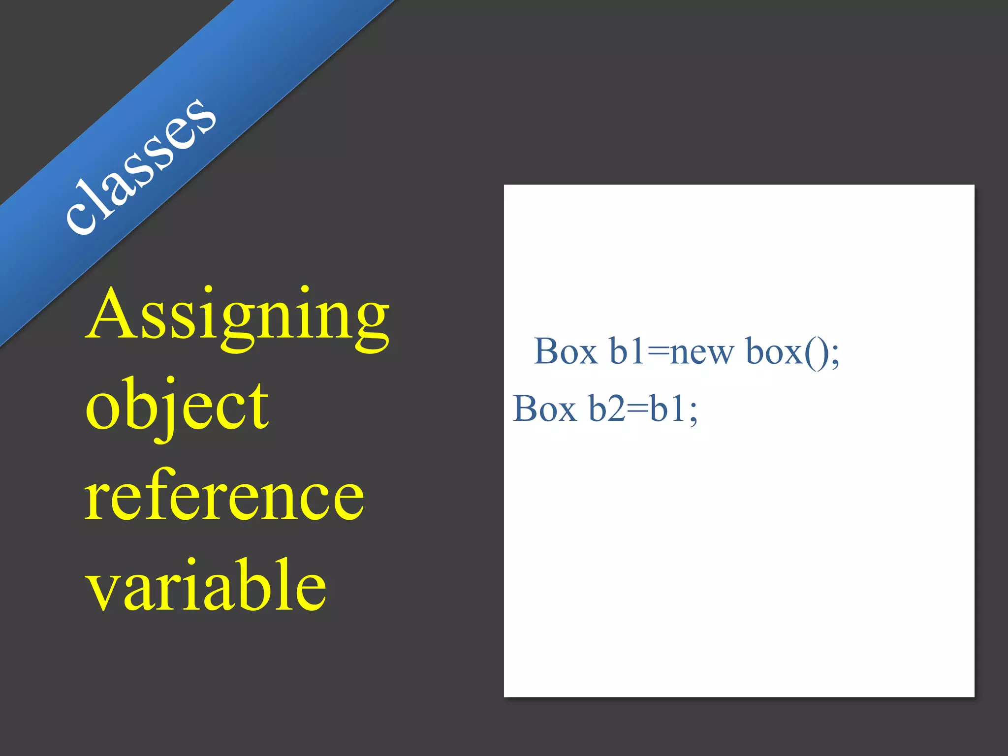 Assigning
object
reference
variable
Box b1=new box();
Box b2=b1;
 