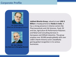 Mr. Shyam Bhartia
(Chairman & Managing Director)
Jubilant Bhartia Group, valued at over USD 3
Billion is headquartered at Noida in India. It
has a strong presence in diverse sectors like
Pharmaceuticals and Life Sciences, Food, Oil
and Gas, Agriculture & Performance Polymers
and Retail and Consulting Services in
Aerospace and Oilfield industries. The group
employs over 30,000 people globally with over
1500 in North America and is steadfastly
gaining global recognition in its various
businesses.
Corporate Profile
 