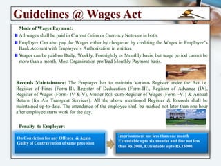 Guidelines @ Wages Act
Mode of Wages Payment:
All wages shall be paid in Current Coins or Currency Notes or in both.
Employer Can also pay the Wages either by cheque or by crediting the Wages in
Employee’s Bank Account with Employee’s Authorization in written.
Wages can be paid on Daily, Weekly, Fortnightly or Monthly basis, but wage period
cannot be more than a month. Most Organization preffred Monthly Payment basis.
Records Maintainance: The Employer has to maintain Various Register under the Act i.e.
Register of Fines (Form-II), Register of Deducation (Form-III), Register of Advance (IX),
Register of Wages (Form- IV & V), Muster Roll-cum-Register of Wages (Form –VI) &
Annual Return (for Air Transport Services). All the above mentioned Register & Records
shall be maintained up-to-date. The attendance of the employee shall be marked not
later than one hour after employee starts work for the day.
Penalty to Employer:
On Conviction for any Offence & Again
Guilty of Contravention of same provision
Imprisonment not less than one month
Extendable upto six months and fine not less
than Rs.2000, Extendable upto Rs.15000.
 