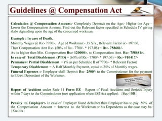 Guidelines @ Compensation Act
Calculation @ Compensation Amount:- Completely Depends on the Age:- Higher the
Age – Lower the Compensation Amount. Find out the Relevant factor specified in
Schedule IV giving slabs depending upon the age of the concerned workman.
Example : In case of Death.
Monthly Wages @ Rs:- 7700/-, Age of Workman:- 35 Yrs., Relevant Factor is:- 197.06,
Then Compensation Amt Rs:- (50% of Rs:- 7700/- * 197.06) = Rs:- 758681/-
As its higher then Min. Compensation Rs:- 120000/-, so Compensation Amt. Rs:- 758681/-.
In case of Total Disablement (PTD) = (60% of Rs:- 7700/- * 197.06) = Rs:- 910417/-
Permanent Partial Disablement = (% as per Schedule II of 7700/- * Relevant Factor)
Temporary Disablement = A Half Monthly Payment, equal to 25% of Monthly wages.
Funeral Expenses :- Employer shall Deposit Rs:- 2500/- to the Commissioner for the
payment to Eldest Dependant of the Workman.
Report of Accident under Rule 11 Form EE - Report of Fatal Accident and Serious Injury
within 7 days to the Commissioner (not application when ESI Act applies). {Sec-10B}
Penalty to Employer:- In case of Employer found defaulter then Employer has to pay
50% of the Compensation Amount + Interest to the Workman or his Dependents as
the case may be. {Sec-4A}
 