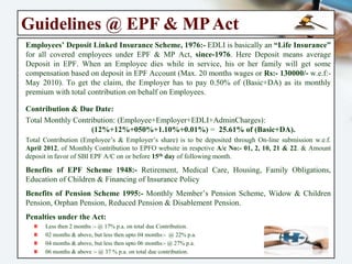 Guidelines @ EPF & MP Act
“Employee’s Deposit Linked Insurance” is basically an “Life Insurance” for all covered employees
under EPF & MP Act, 1952, Since Aug 01, 1976. Here deposit means Average Deposit in EPF A/c. When
an employee dies while in service, his or her family will get some Compensation based on deposit in
EPF Account. Since May 24, 2016, the Maximum benefit of life insurance set under EDLI is ₹: 6.0 Lacs
(₹: 4.5+1.5 Lacs). It is based on Employee’s last 12 months average (Max ₹: 15000/-) Salary Multiplied by
30 times. Along with that ₹:1.5 Lacs is also payable as a bonus. Earlier it was ₹: 3.6 Lacs since Sep 2014
and before that it was ₹: 1.3 Lacs, since May 2010).
Claim Amount Calculation: Average Salary ₹: 15000 * 30 times = ₹: 4,50,000/- + ₹: 1,50,000/-
= ₹: 6,00,000/- (Max Claim Amount).
PF Contribution Submission: PF Total Amount of Monthly Contribution of (Employee’s & Employer’s
share) is to be deposited through Online Generated Combined Challan in respective Ac.: 01, 2, 10, 21
& 22 from EPFO website, w.e.f. April 01, 2012. Payment of total Contribution will only via Online
Payment (Retail / Corporate Banking) with 56 Banks of India w.e.f. May 01, 2015. Online payment of
PF contribution make the process so simple to pay the dues to the EPFO in few minutes.
Web-link: https://www.onlinesbi.com/prelogin/epfoinputdisplay.htm
Benefits of EPF Scheme 1952:- Retirement, Medical Care, Housing, Family Obligations, Education of
Children & Financing of Insurance Policy
Benefits of Pension Scheme 1995:- Monthly Member’s Pension Scheme, Widow & Children Pension,
Orphan Pension, Reduced Pension & Disablement Pension.
Penalties under the Act:
Less then 2 months :- @ 17% p.a. on total due Contribution.
02 months & above, but less then upto 04 months:- @ 22% p.a.
04 months & above, but less then upto 06 months:- @ 27% p.a.
06 months & above :- @ 37 % p.a. on total due contribution.
 