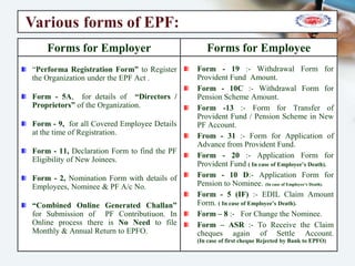 Employee’s Share
(to EPF Fund) AC: 01
Employer’s Share
(to EPF & Pen. fund) Ac : 01 & 10
@ 12 % of Basic + DA
(Ac: 01)
@ 8.33% of Basic + DA
or Max ₹ 1250/- (Ac: 10)
@ 3.67% of Basic + DA
or (12% ₹ 1250) (Ac: 01)
EPF Total in Ac. 01: @ 15.67% or
( @ 12% + (12% - ₹ : 1250/-)
EPS Total in Ac. 10: @ 8.33% or
Max ₹ : 1250/-
Total Contribution to EPF & Pension Fund , Ac: 01 & 10 ( @ 15.67 + 8.33 ) = 24 %
PF Administrative Charges in Ac: 02 ( @ 0.65 % of Basic + DA)
(Minimum ₹ : 500/- functional & ₹ : 75/- for non functional Org.)
Contribution to EDLI, Ac: 21 @ 0.5 % of Basic & DA or Max upto on ₹ : 15000/-
(Minimum ₹ : 200/- functional & ₹ : 25/- for non functional Org.)
Total Monthly Contribution in { Ac 01, 10, 02, 21 & 22 }
W.e.f: April 01, 2017: (12%+12%+0.65%+0.50%+0.00%) = @ 25.15 %
For EDLI Exempted Org. (EDLI Inspection Charge @ 0.005% of Basic & DA or Max upto on ₹ : 15000/-)
Note: EPFO has Removed the EDLI Admin Charges @ 0.01% w.e.f “April 2017”
PF Contribution Account-wise w.e.f “April 01, 2017”
 