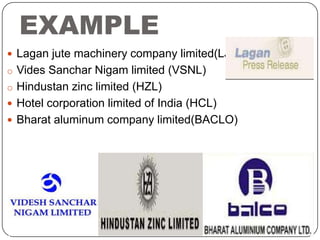 EXAMPLE
 Lagan jute machinery company limited(LJMC)
o Vides Sanchar Nigam limited (VSNL)
o Hindustan zinc limited (HZL)
 Hotel corporation limited of India (HCL)
 Bharat aluminum company limited(BACLO)

 