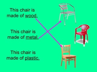 This chair is 
made of wood. 
This chair is 
made of metal. 
This chair is 
made of plastic. 
 