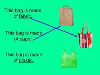 This bag is made 
of fabric. 
This bag is made 
of paper. 
This bag is made 
of plastic. 
 