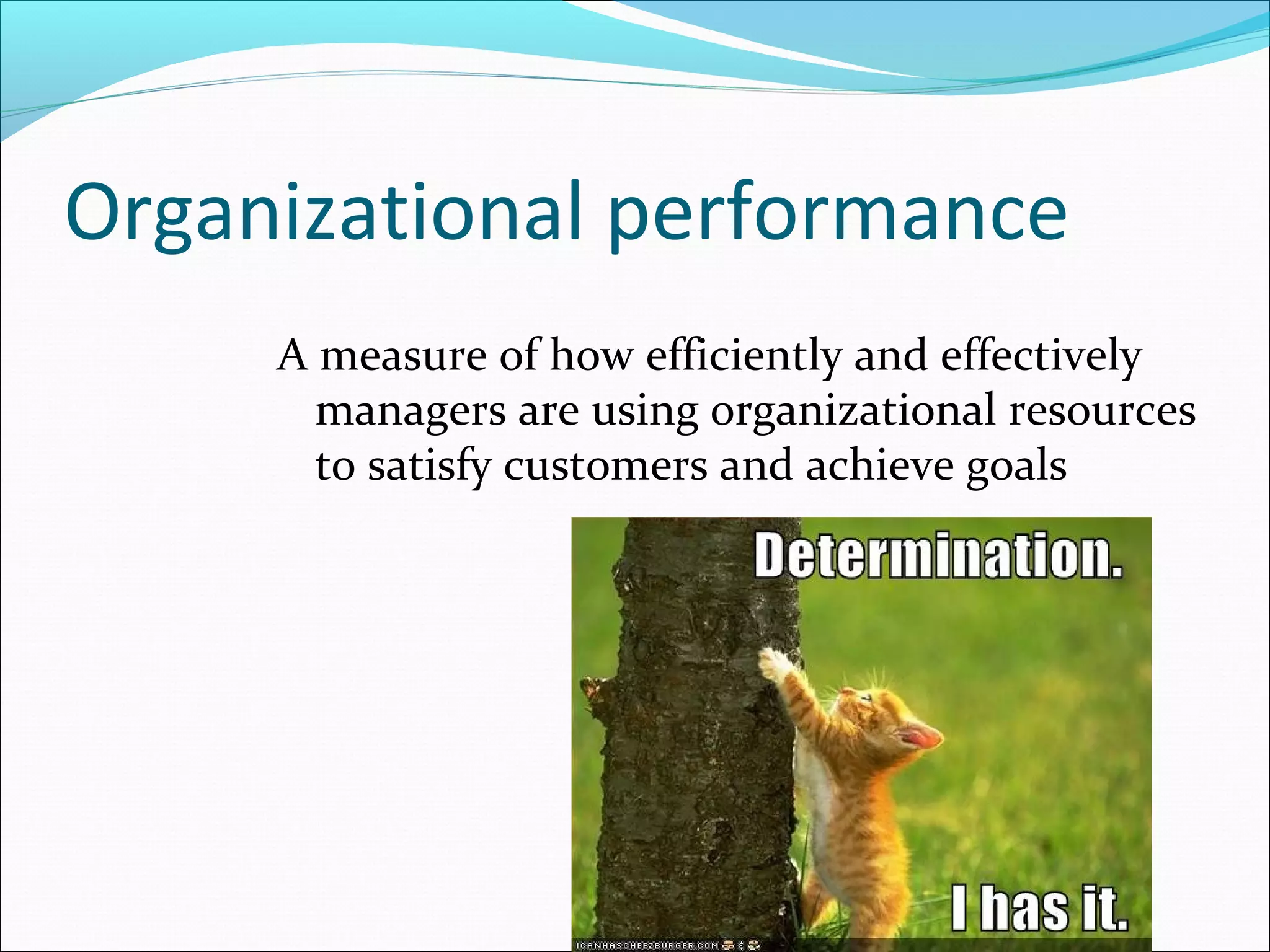 Organizational performance
A measure of how efficiently and effectively
managers are using organizational resources
to satisfy customers and achieve goals
 