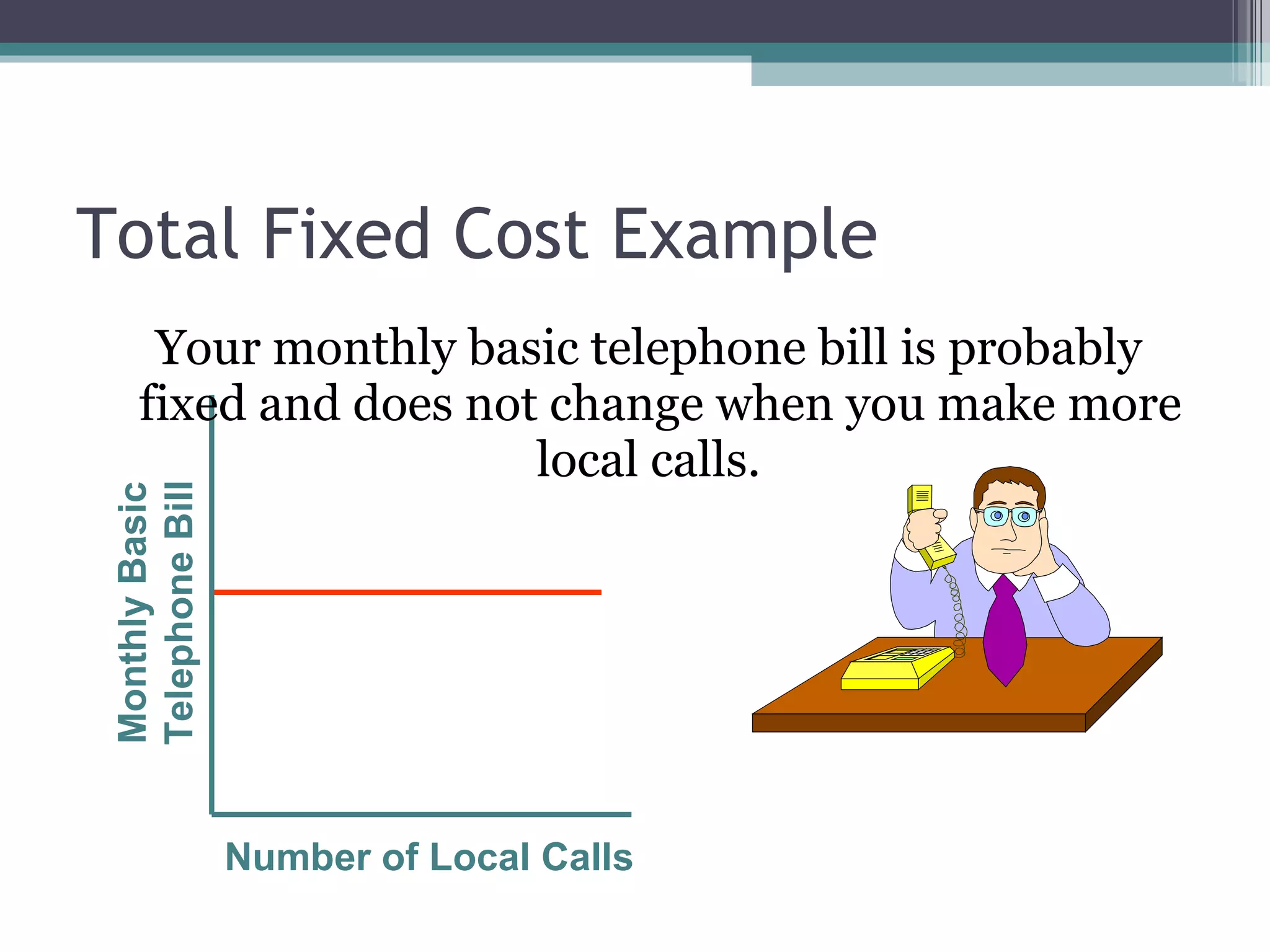 Total Fixed Cost Example Your monthly basic telephone bill is probably fixed and does not change when you make more local calls.  Number of Local Calls Monthly Basic Telephone Bill 