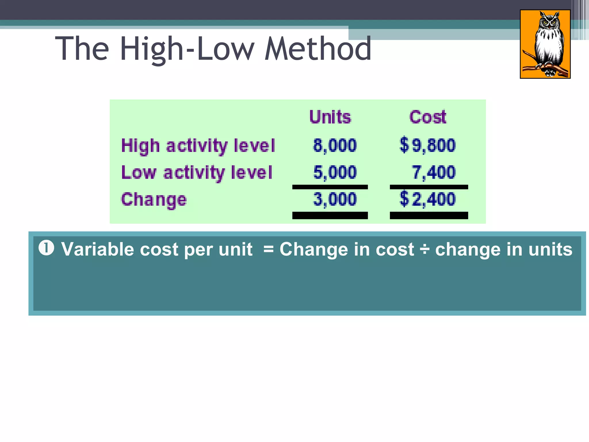 Change  in cost Change in units The High-Low Method Variable cost per unit  = Change in cost ÷ change in units  