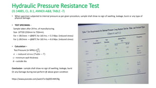 Hydraulic Pressure Resistance Test
(IS 14885, CL. 8.1, ANNEX-A&B, TABLE -7)
• When specimen subjected to internal pressure as per given procedure, sample shall show no sign of swelling, leakage, burst or any type of
physical damage.
• TEST SPECIMAN –
Sample taken after 24 hrs. of manufacturing.
Size- 10*OD (250mm to 750mm).
For < ∅63𝑚𝑚 → @80℃ for 165 hrs.→ 5.5 Mpa (induced stress)
For ≥ ∅63𝑚𝑚 → @80℃ for 165 hrs.→ 4.6 Mpa (induced stress)
• Calculation –
Test Pressure (in MPA)=2
𝜎𝑠
𝑑−𝑠
𝜎 − 𝑖𝑛𝑑𝑢𝑠𝑒𝑑 𝑠𝑡𝑟𝑒𝑠𝑠 𝑇𝑎𝑏𝑙𝑒 − 7
s – minimum wall thickness
d – outside dia.
Conclusion - sample shall show no sign of swelling, leakage, burst
Or any Damage during test perform @ above given condition
https://www.youtube.com/watch?v=0qD05rWK39g
 