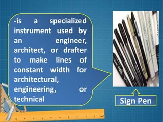 tools, supplies, materials and equipment in mechanical drafting | PPTX