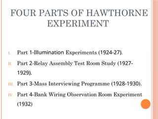 FOUR PARTS OF HAWTHORNE
EXPERIMENT
I. Part 1-Illumination Experiments (1924-27).
II. Part 2-Relay Assembly Test Room Study (1927-
1929).
III. Part 3-Mass Interviewing Programme (1928-1930).
IV. Part 4-Bank Wiring Observation Room Experiment
(1932)
 