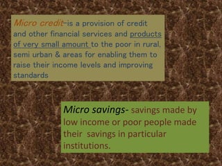 Micro credit-is a provision of credit
and other financial services and products
of very small amount to the poor in rural,
semi urban & areas for enabling them to
raise their income levels and improving
standards
Micro savings- savings made by
low income or poor people made
their savings in particular
institutions.
 