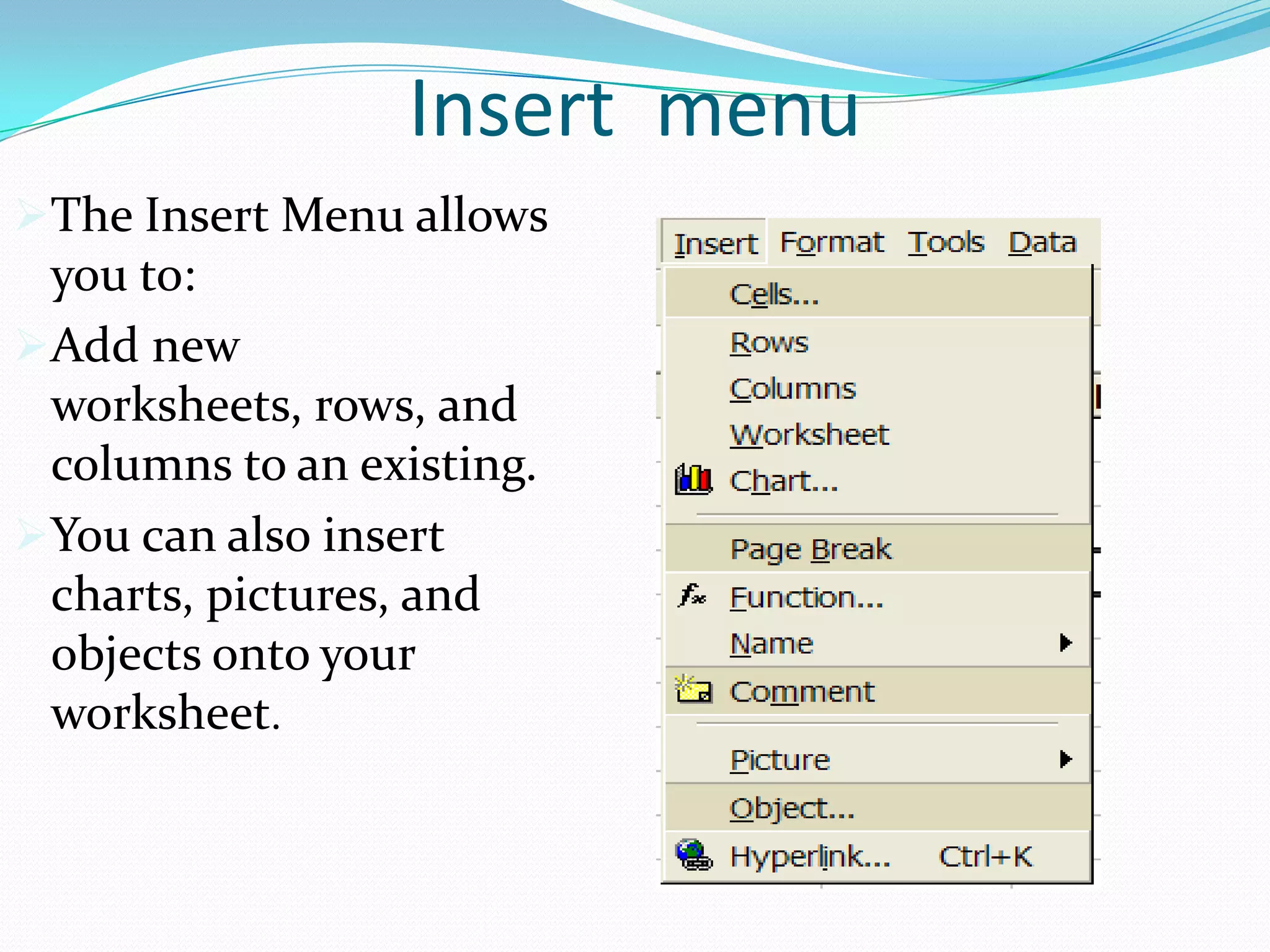 Insert menu
The Insert Menu allows
 you to:
Add new
 worksheets, rows, and
 columns to an existing.
You can also insert
 charts, pictures, and
 objects onto your
 worksheet.
 