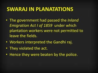 SWARAJ IN PLANATATIONS
• The government had passed the Inland
Emigration Act I of 1859 under which
plantation workers were not permitted to
leave the fields.
• Workers interpreted the Gandhi raj.
• They violated the act.
• Hence they were beaten by the police.
 