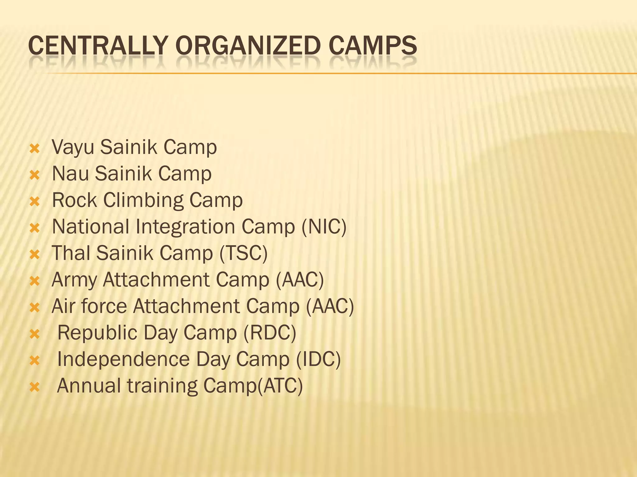 CENTRALLY ORGANIZED CAMPS















Vayu Sainik Camp
Nau Sainik Camp
Rock Climbing Camp
National Integration Camp (NIC)
Thal Sainik Camp (TSC)
Army Attachment Camp (AAC)
Air force Attachment Camp (AAC)
Republic Day Camp (RDC)
Independence Day Camp (IDC)
Annual training Camp(ATC)

 